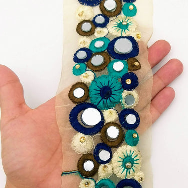 Gold Sheer Tissue Fabric Trim With Blue And Off White Circles and Floral Embroidery With Mirror Embellishments, Indian Mirrored Trim